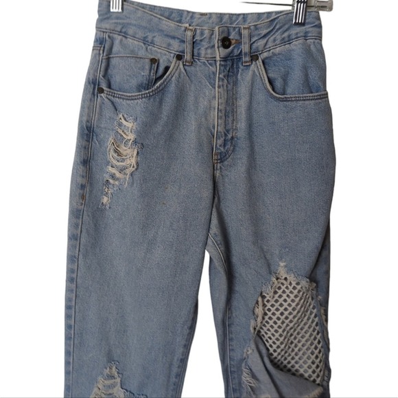 The Ragged Priest Light Wash Rigid Denim Distressed Fishnet Mesh Detail Jeans 24 - Picture 4 of 8